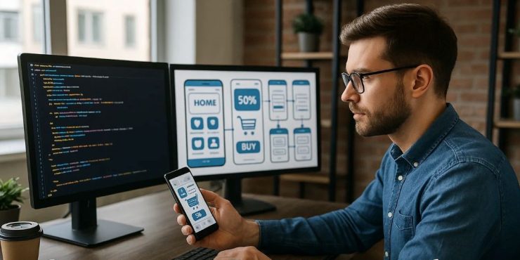 Pls use professional, technology theme, in office, use text in bottom of the image, generate graphic for this: Custom App Development for E-Commerce, B2C, and Startup Growth