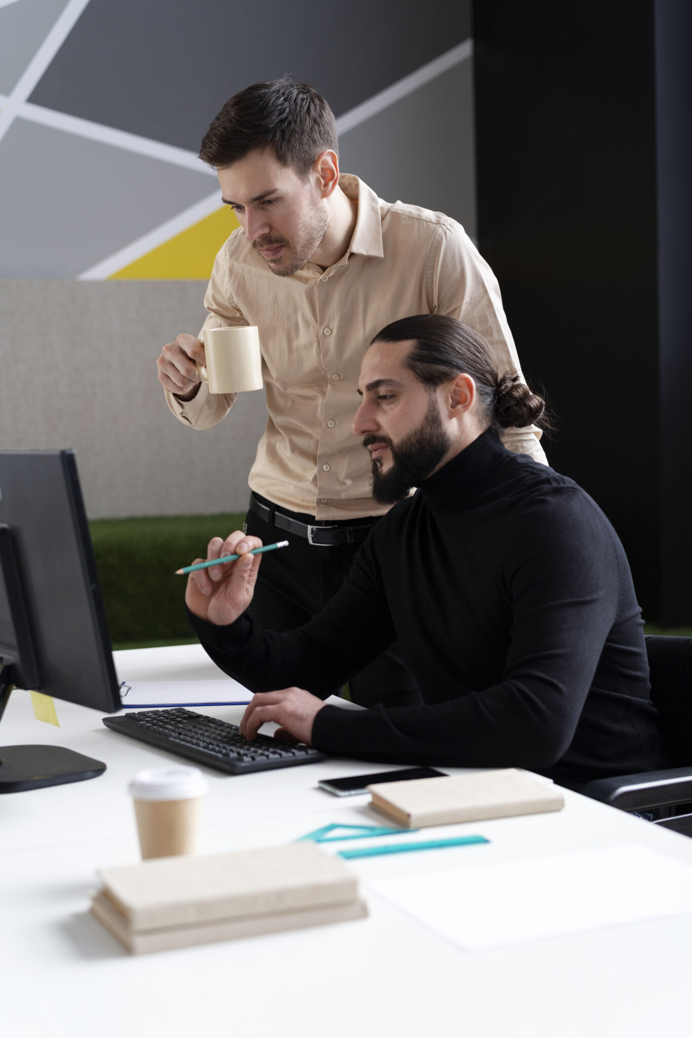 medium shot men working together office